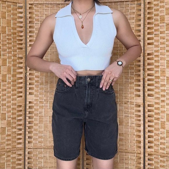 Dark Wash, High-Waisted, Mom-Fit Midi/Bermuda Denim Shorts - Picture 1 of 3